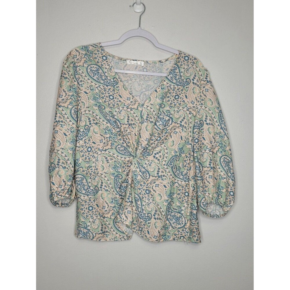 89th and Madison pastel twist front paisley print 3/4 sleeve boho romantic top